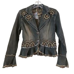 Angfu Authentic Art-to-Wear Embellished‎ Jacket Brown Blue Stonewash Small Y2K